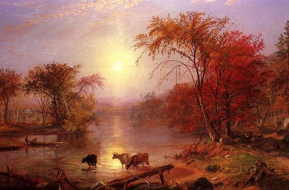 Painting of cows crossing a river by Albert Bierstadt