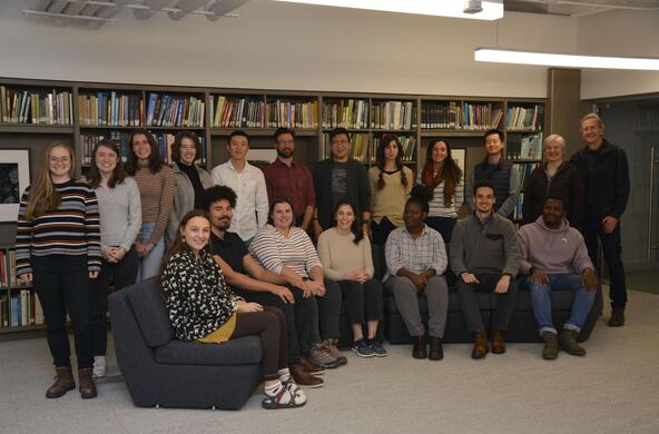 group of fee students in cary library