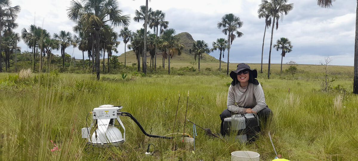 larissa verona with scientific equipment in a Cerrado wetland