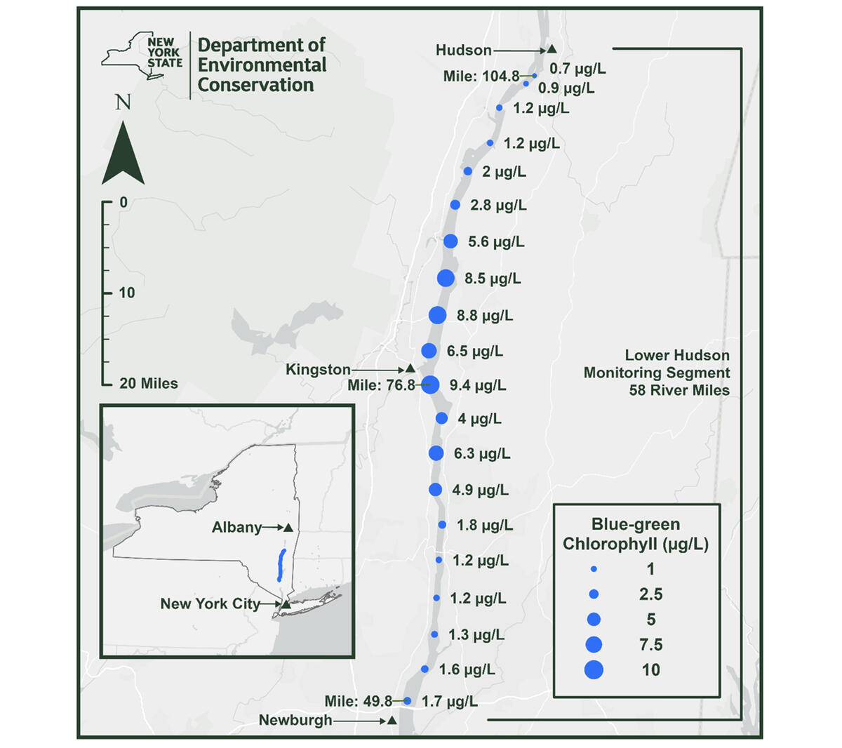 map of blue-green chlorophyll levels in the Hudson river